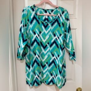 NWOT Denim &Co.  Tunic 3/4 Sleeve Blue, Greens and White